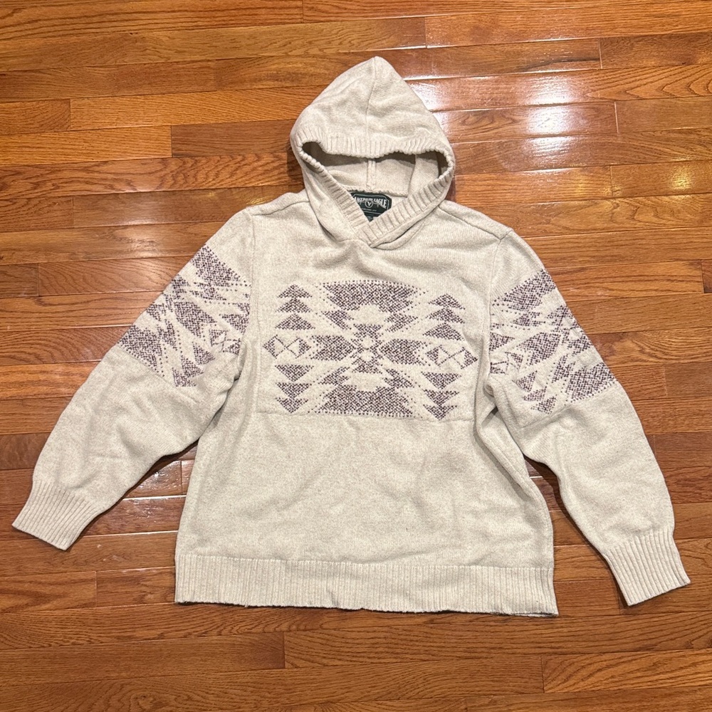 American Eagle Outfitters Cream Hooded Sweater with Burgundy Pattern